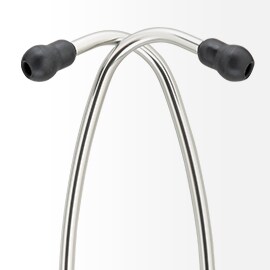 Eartubes of a 3M Littmann Stethoscope symmetrically crossing each other.